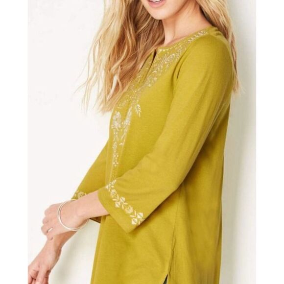 STUNNING J Jill blouse Womens Green Embroidered Long Sleeve V Neck Blouse Peasan - Picture 5 of 14